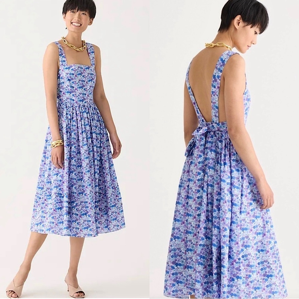 NWT J CREW Liberty Arrow Floral Square Neck Sleeveless‎ New Apron Midi Dress 2